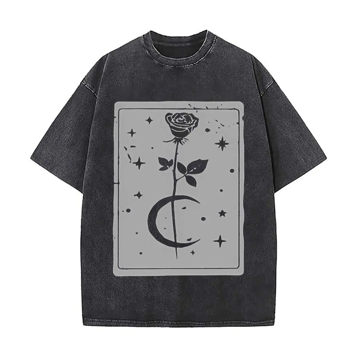 Rose & Moon Mystical Symbol Art Daily Commute Vintage Distressed T Shirt Loose Washed Sleeve