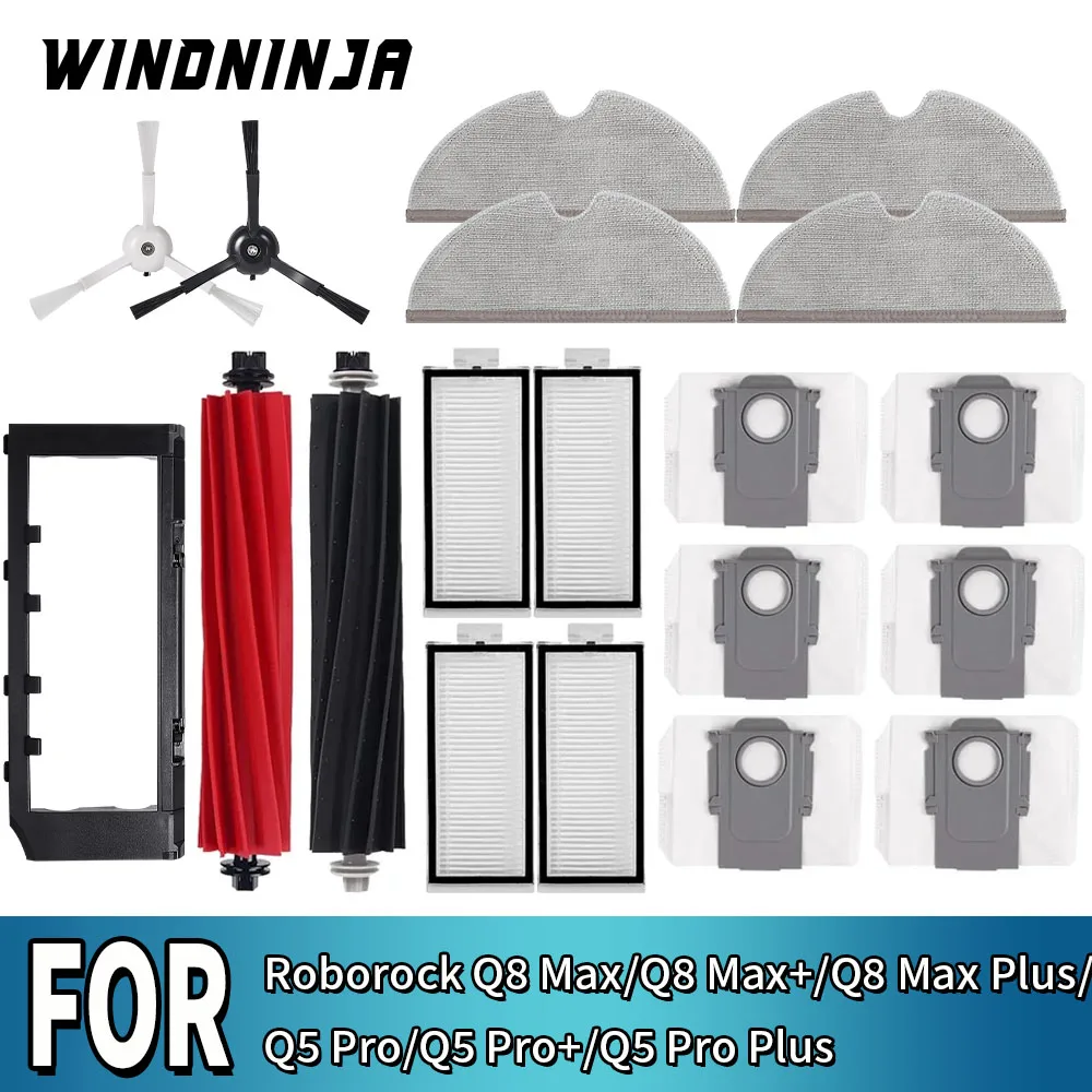 

Запчасти для Roborock Q8 Max/Q8 Max+/Q8 Max Plus/Q5 Pro/Q5 Pro+/Q5 Pro Plus: основная и боковые щетки, HEPA-фильтр, салфетки для влажной уборки, мешок для сбора пыли.