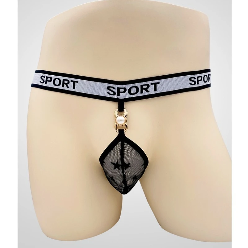 

Sexy Floral Lace Mini Thong Men Sissy Lingerie See Through Bugle Pouch G-String Exotic Breathable Crossdress Rhinestone Undies