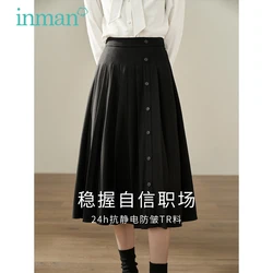 INMAN Women Skirt Winter High Waist A-shaped Loose Single Breasted Fashion Commuting Elegant Coffee Black Mid-length Skirt