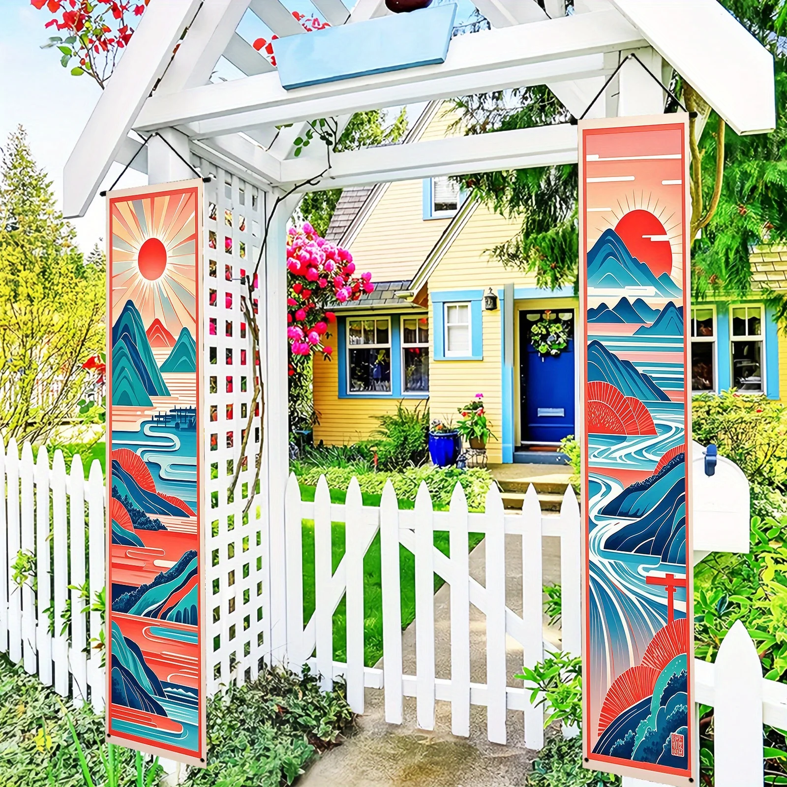 زوج واحد من أعلام الزوجين لتزيين الحفلات اليابانية، لافتة شرفة ترحيب عائلية - تصميم توضيحي كرتوني، #4