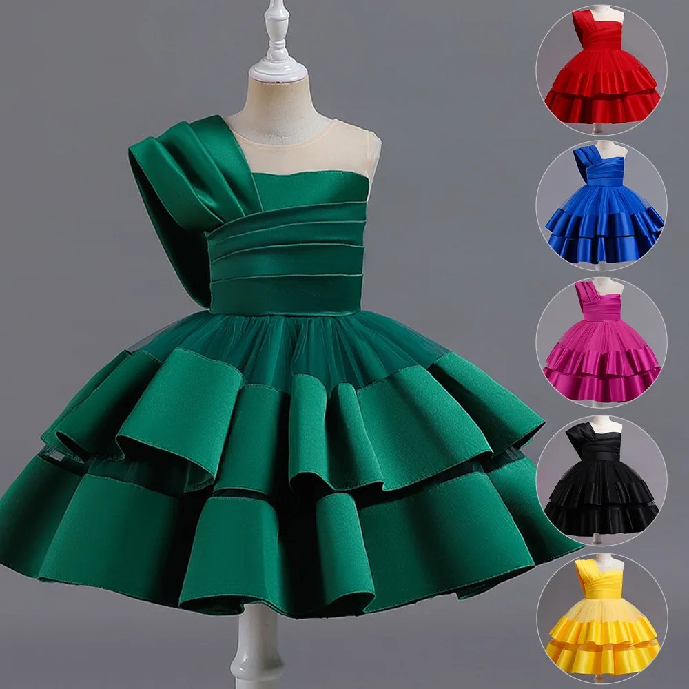 

ELBCOS 4-14T Kid Girls Patchwork Color Asymmetrical shoulder No-Sleeve Tiered Wrinkle Skirt Piano Organza Costumes Evening Dress