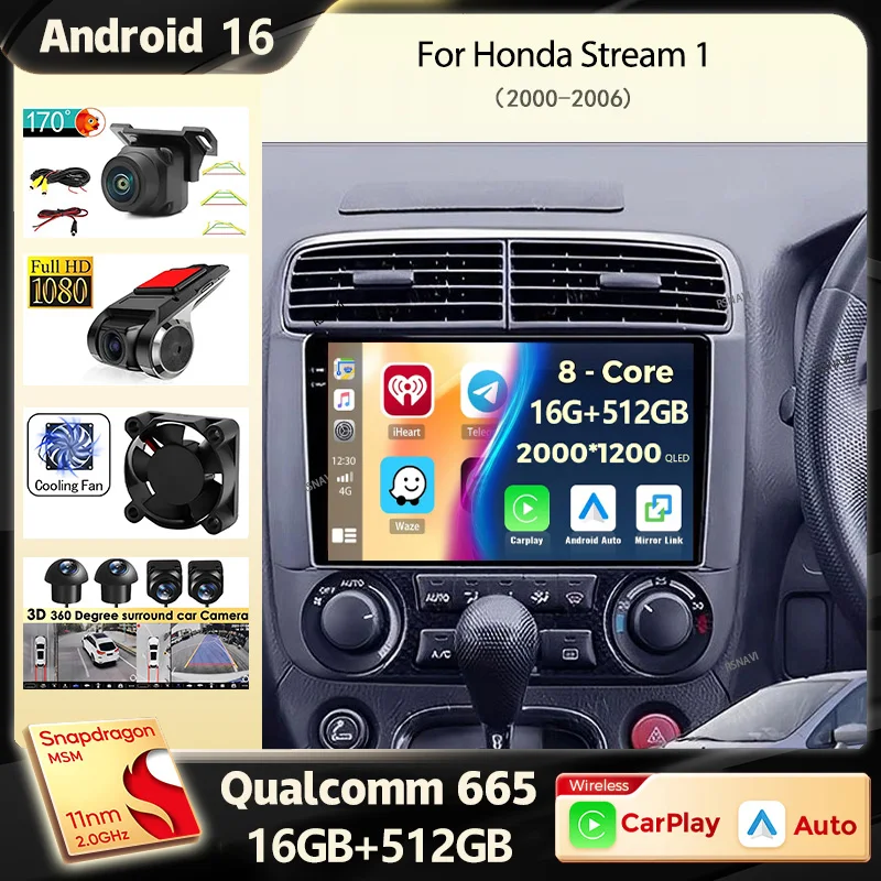 

Android 16 Car Radio For Honda Stream 1 2000 2001 2002 2003 2004 2005 2006 Multimedia Navigation Player GPS WiFi+4G Head Unit BT