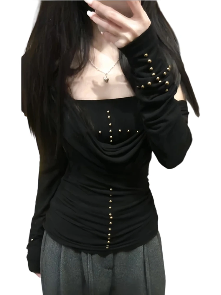 American Sle Long Sve T-irt Women's Spring Autumn Design Slim Fit Rivet Tube Top Inner Wear Layering Bla Top