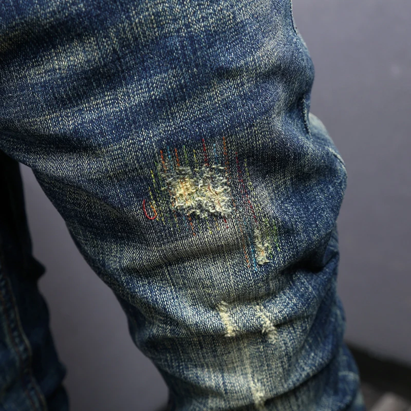Fashion Trendy Men Jeans Retro Dark Blue Elastic Stretch Slim Fit Ripped Jeans Men Embroidery Patched Vintage Denim Pants Hombre