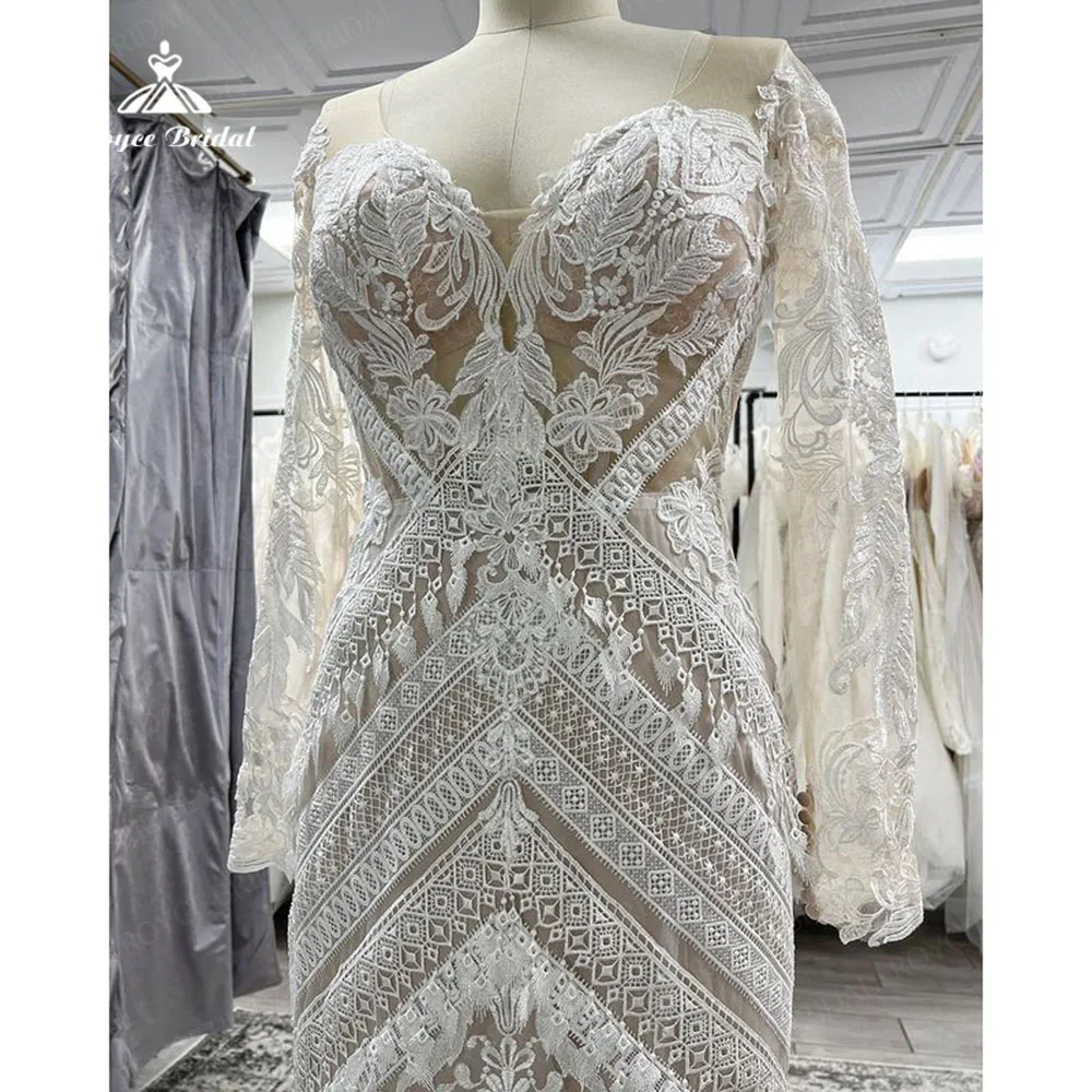 Vestido de novia bohemio ajustado con Apliques de encaje para mujer, vestido de novia Vintage con Espalda descubierta, manga de ilusión, tren de corte, Civil, 2023