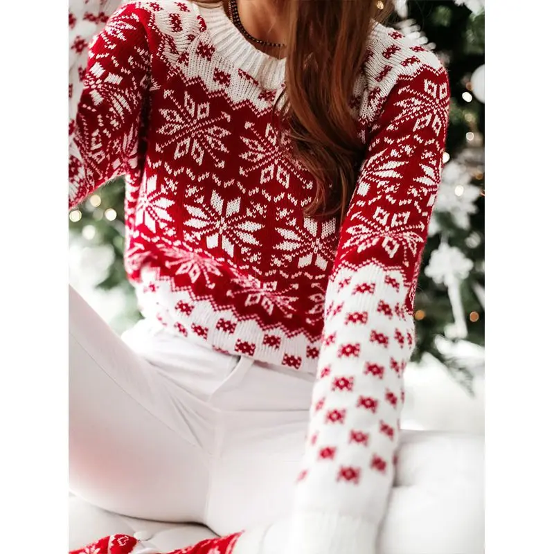 Novo estilo feminino natal floco de neve camisola inverno quente malha manga longa o pescoço topos jumper impresso casual pulôver roupas