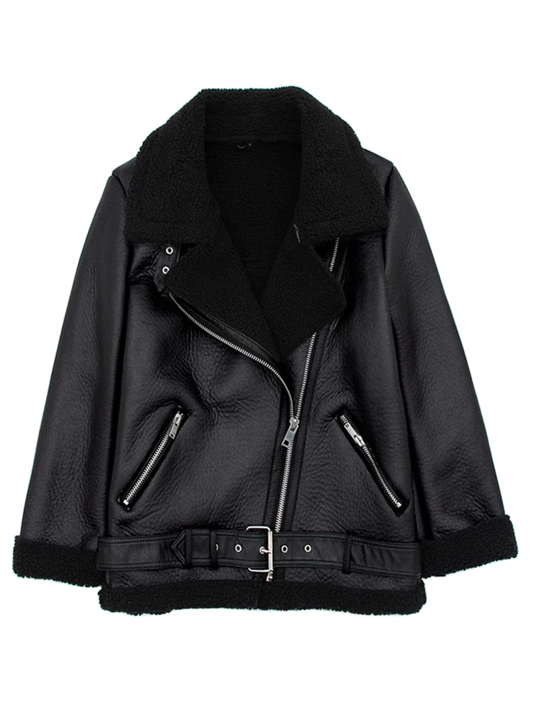 Ailegogo-Chaqueta de piel de cordero para mujer, abrigo de piel sintética con cuello vuelto, cremallera gruesa y cálida con cinturón