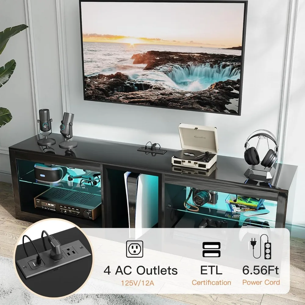 حامل تلفزيون LED عالي اللمعان مقاس 63 بوصة مع مخرج طاقة لتلفزيون 70 بوصة، ومركز ترفيه الألعاب لجهاز PS5، وحدات تحكم تلفزيون مع ضبط