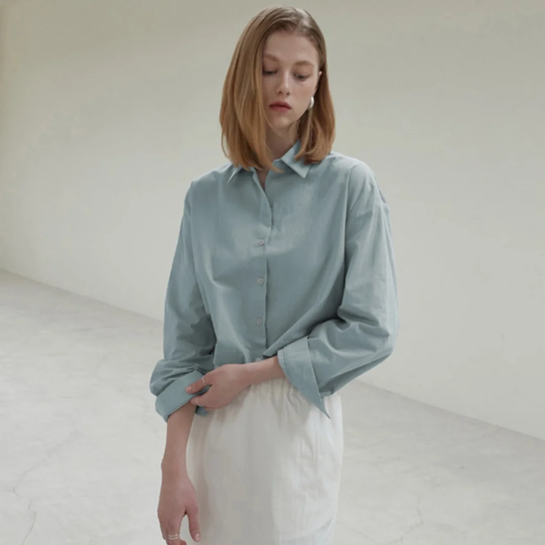 

Повседневная рубашка из 100% хлопка, женские топы с эластичной резинкой на талии, тонкие синие рубашки-поло с длинными рукавами и воротником-поло, женская кардиган, осенняя одежда