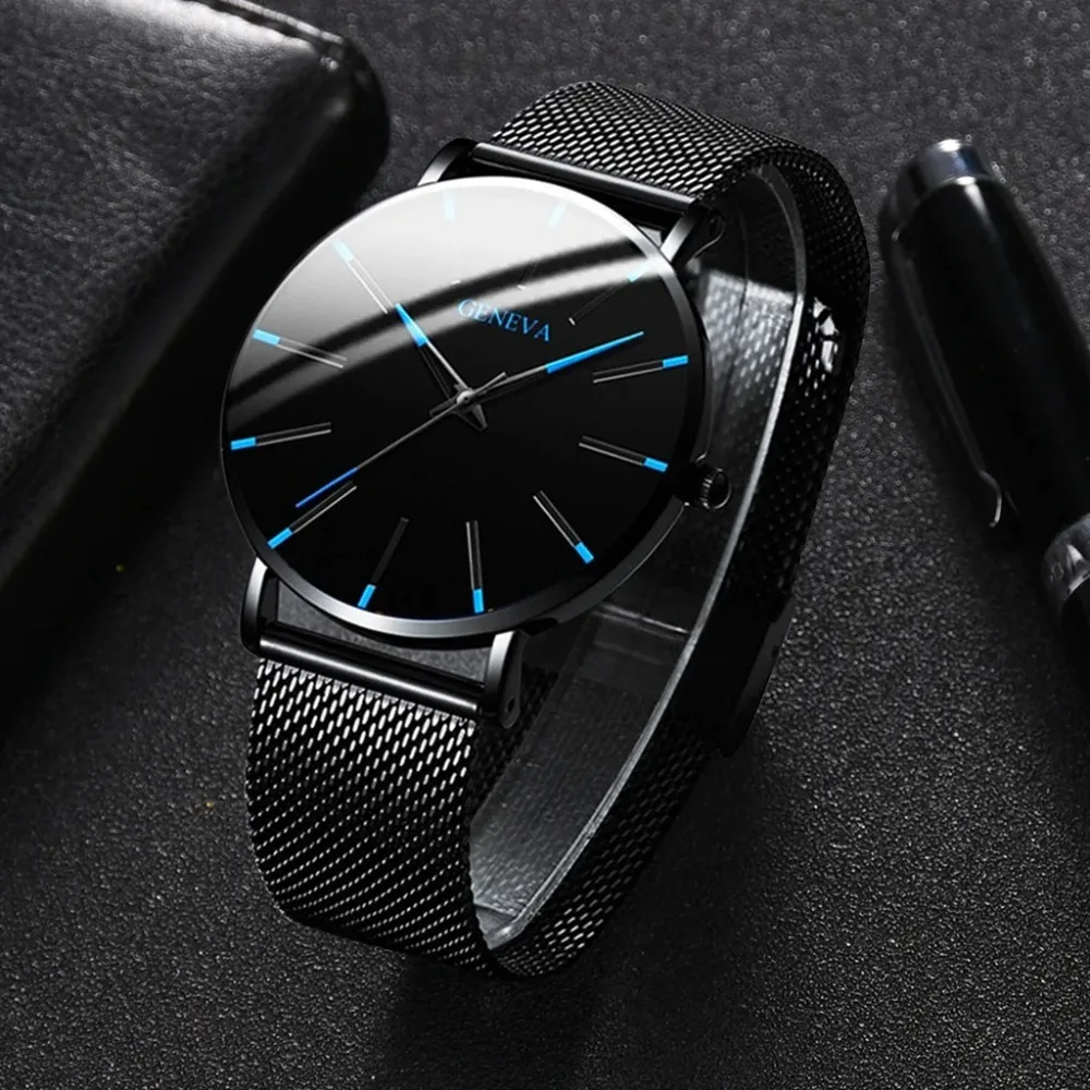 Mens Business Black Watches Luxury Stainless Steel Ultra Thin Mesh Belt Quartz Men Wrist Watch Casual Classic Male Watch Reloj