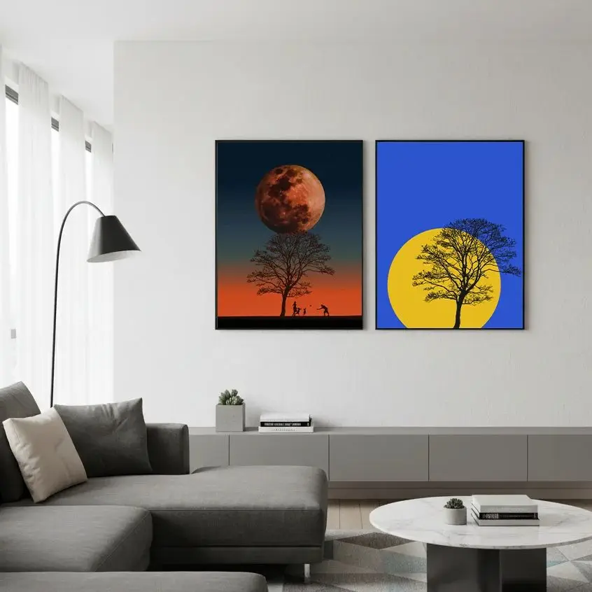Póster de lienzo minimalista con silueta de árbol, sol y luna, paisaje abstracto, decoración de pared para el hogar, dormitorio, sala de estar