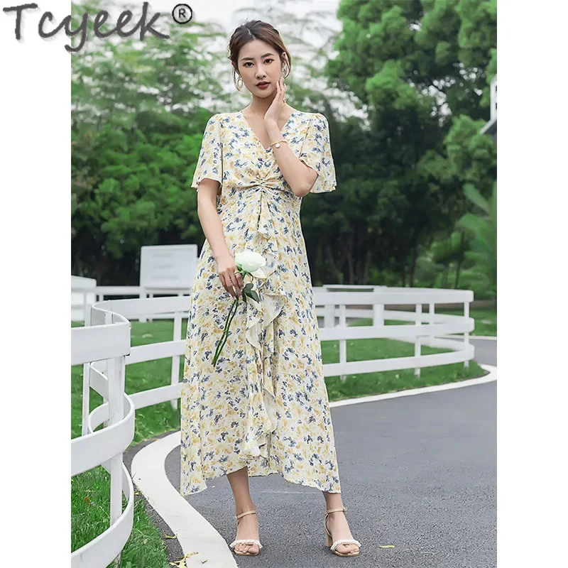 

100% Tcyeek Real Mulberry Silk for Women Summer Clothes 2024 Elegant and Pretty Women's Dresses Print Irregular Dress