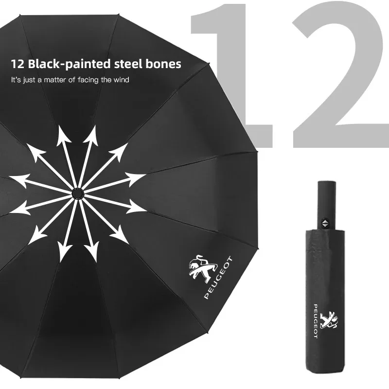 12 Bones Car Emblem Umbrella Auto Anti-UV Auto Goods For Peugeot 206 307 308 207 3008 208 407 508 2008 5008 301 406 408 607 4008 - view 5