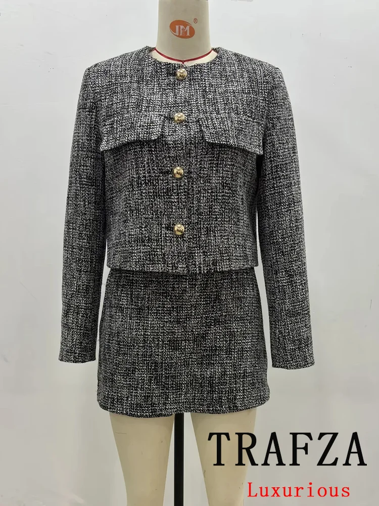 TRAFZA Vintage Office Lady Suit Women Texture Single Breasted Blazer Zipper Straight Shorts Fashion 2024 Jesienno-zimowe zestawy