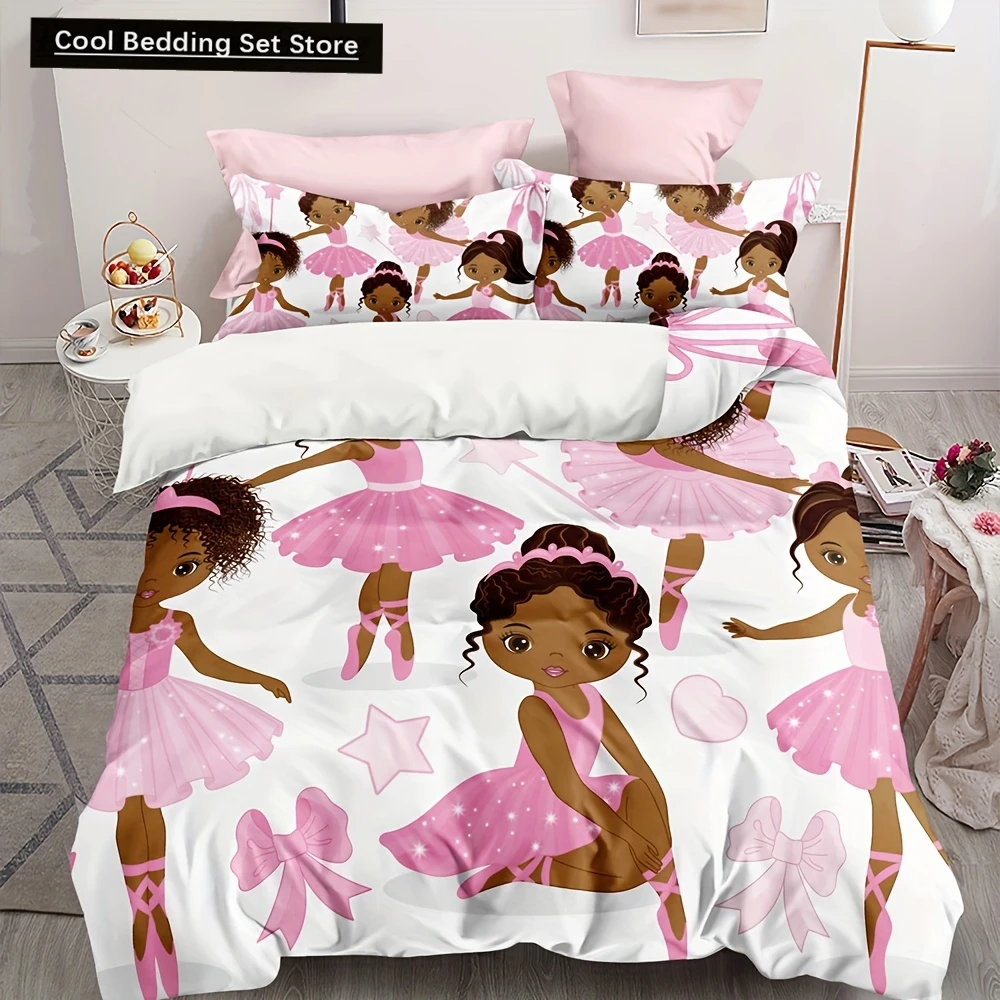 

3pcs Vibrant Pink African American Ballerina Duvet Cover Set - Soft, Breathable, and Durable Bedding for Bedroom and Dorm Room