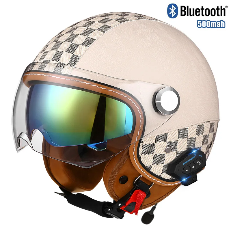 

Women And Men Outdoor Cycling Safety Protection Equipment Retro Leather Caps With Bluetooth Double-mirror Safety Cycling Caps