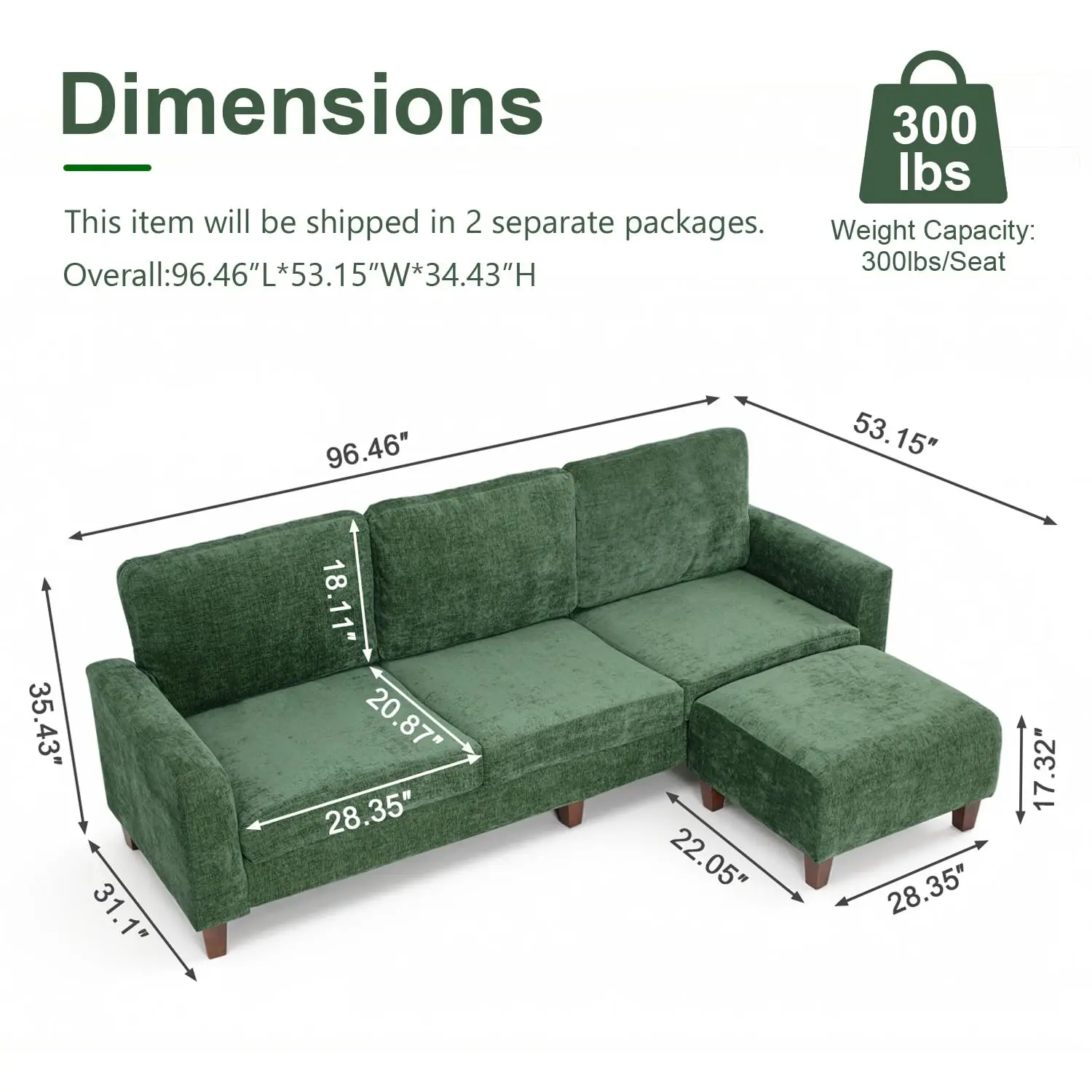 L Shaped Sectional Sofa for Living Room 3 Seater Modular 96 Inch Green, Customized