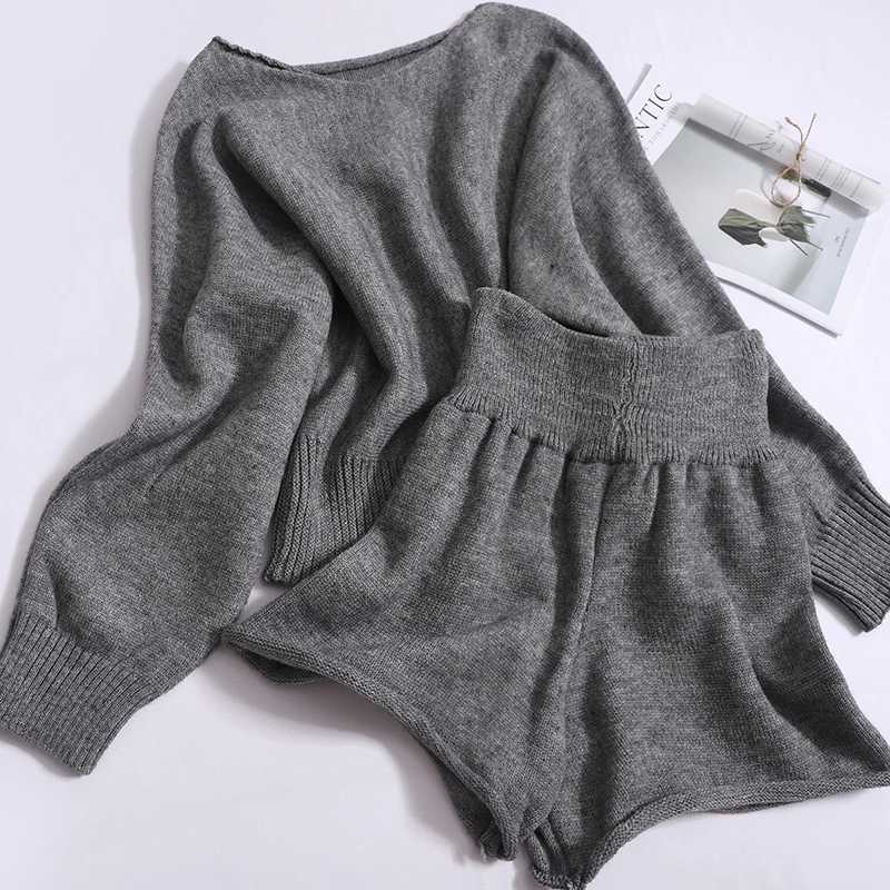 Gagaok Autumn Clothes Sweater Short Sets Korean Fashion Batwing Sleeve Pullover High Waist Tube Rolled Edge Knitted Shorts