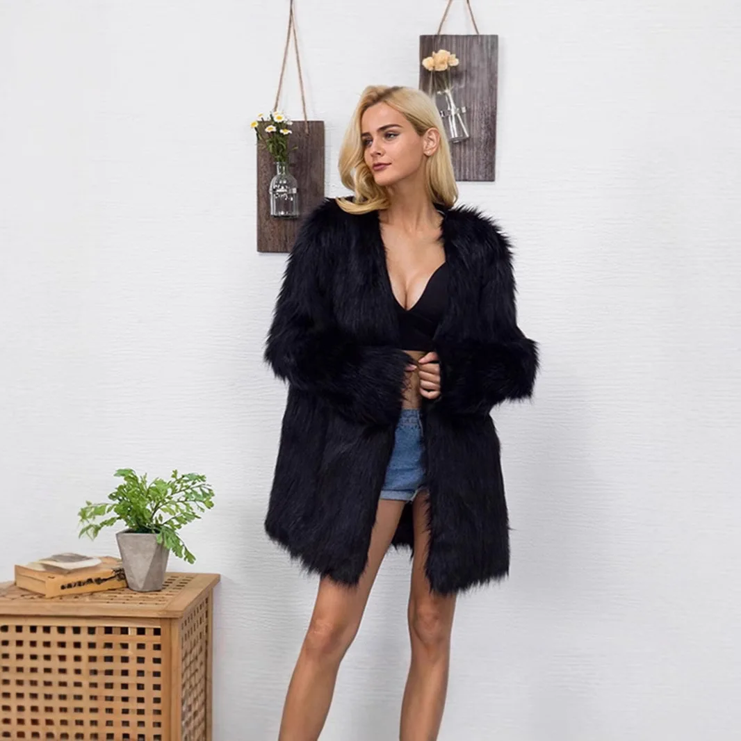 Утолщенная зимняя женская куртка из искусственного меха с круглым вырезом и открытой строчкой, женская пальто из эко-лисьего меха, шикарное пушистое пальто из искусственного меха для женщин