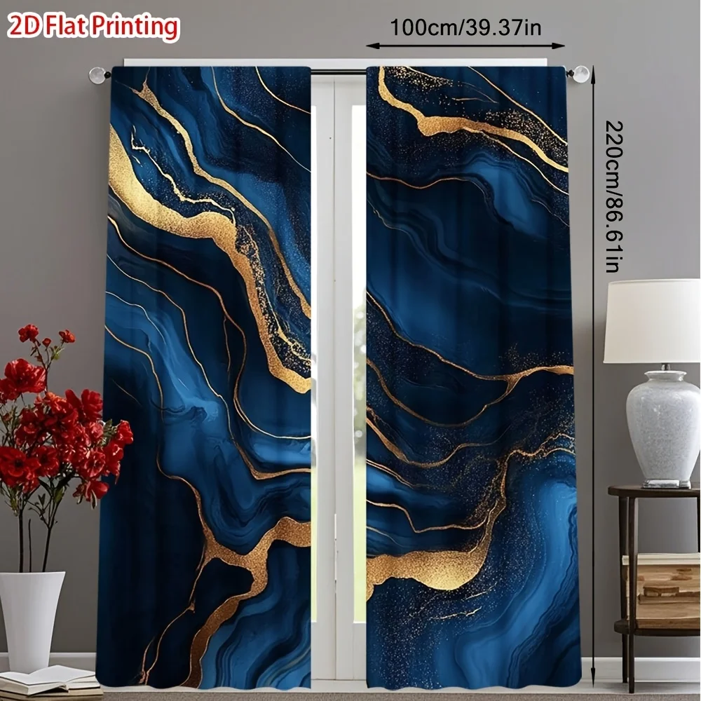 2pcs Deep Blue Gold Marble Vein Curtains Blackout Drapes for Living Room Modern Home Decor Luxury Abstract Stone Print Window