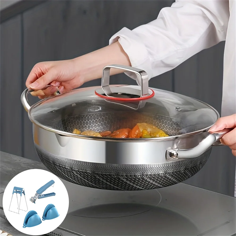 

5PCS extra thick stainless steel soup pot cover pan, with bowl extractor, plate holder, pan ear hand clamp
