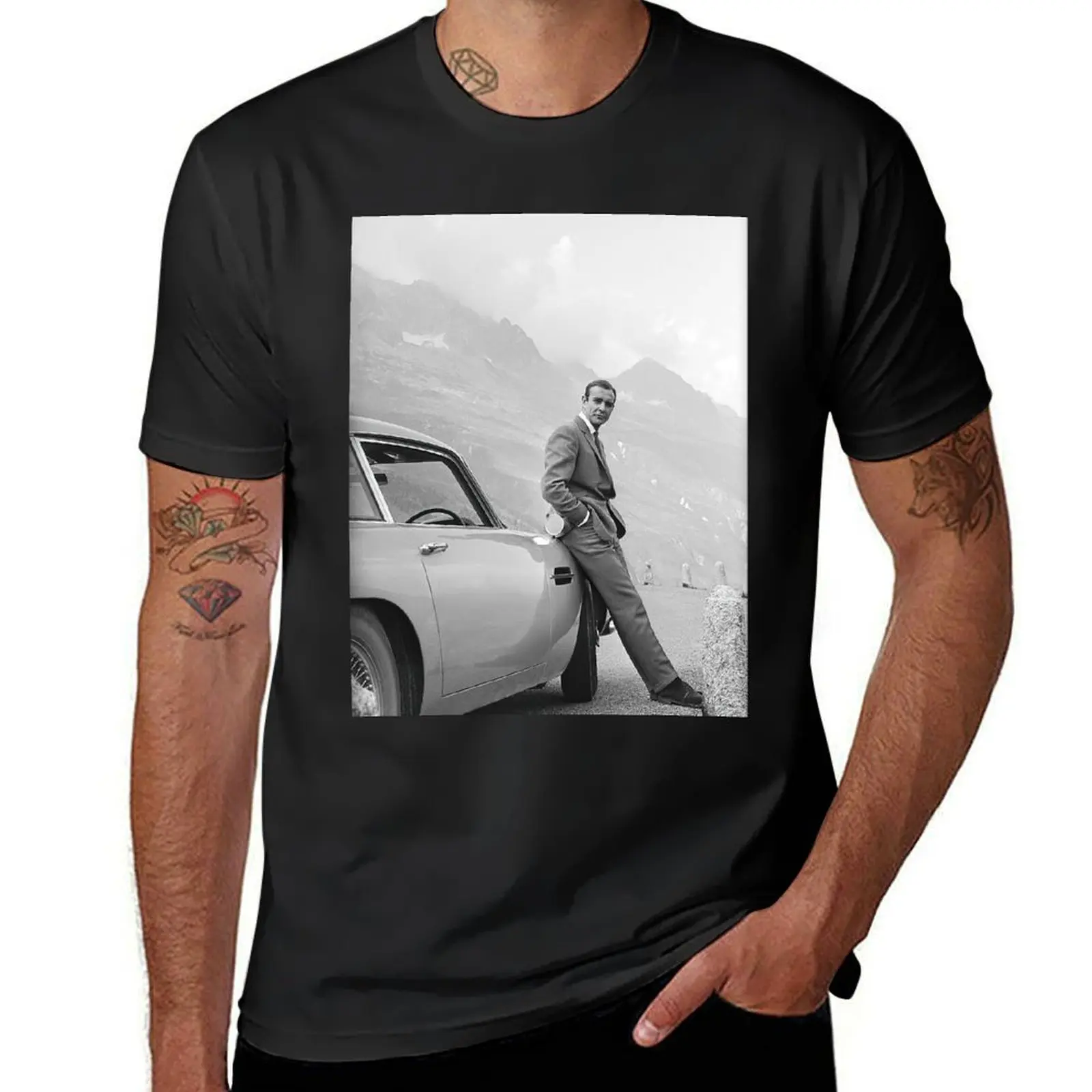 Sean Connery and Sports Car, Black and White Vintage Art T-Shirt plain graphics funny t shirts for men