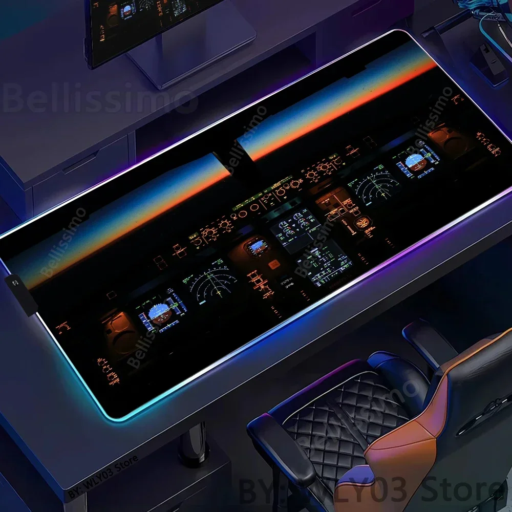 แผ่นรองเมาส์ลายมาตรวัดความเร็วเครื่องบิน RGB แผ่นรองเมาส์ลายแผงหน้าปัดเครื่องบิน แผ่นรองเมาส์สำหรับเล่นเกมบนพีซี แผ่นรองโต๊ะเล่นเกม แผ่นรองเล่นเกมลายห้องนักบิน แผ่นรองเล่นเกมแบบมีไฟ LED พรมสำหรับอีสปอร์ต