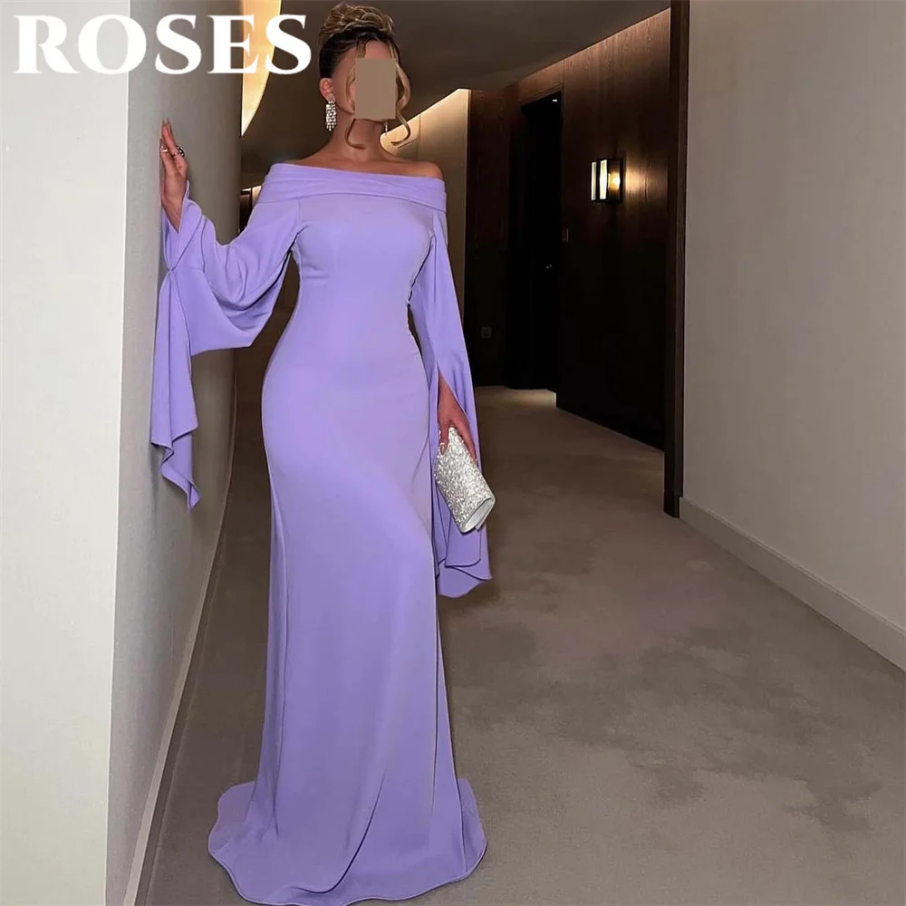 

ROSES Lilac Mermaid Prom Dress Off the Shoulder with Pleats Trumpet Women's Evening Dress Puffy Sleeve Formal Gowns Customized