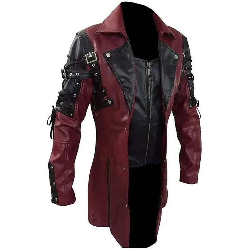 

New Steampunk Men's Gothic Trench Coat Leather Punk Style Biker Jacke Autumn Winter Motocycle Jacket