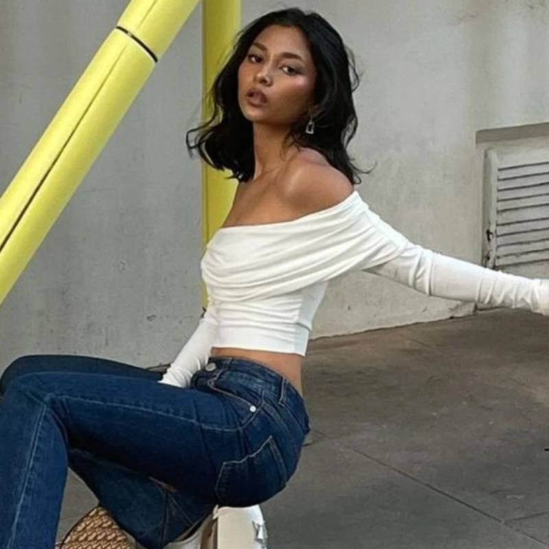 Slash Neck T-shirts Women Elegant Pure Streetwear Chic Fashion Casual Sexy Ladies Skinny Crop Tops Off Shoulder Clothing Spring