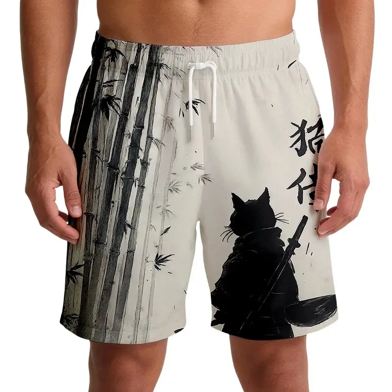 

The Niche and Trendy Series! Samurai Cat Printed Shorts Retro Ink Style Drawstring Sports Casual Pants