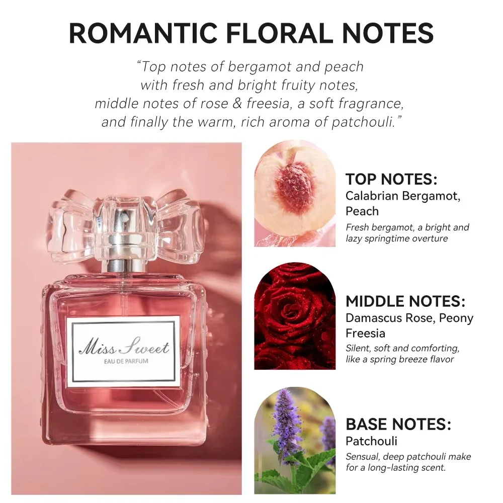 50ML 1.7FL.OZ Long-lasting Perfumes for Women Romantic Floral Notes Eau de Parfum Peach Bergamot Rose Patchouli Fragrance