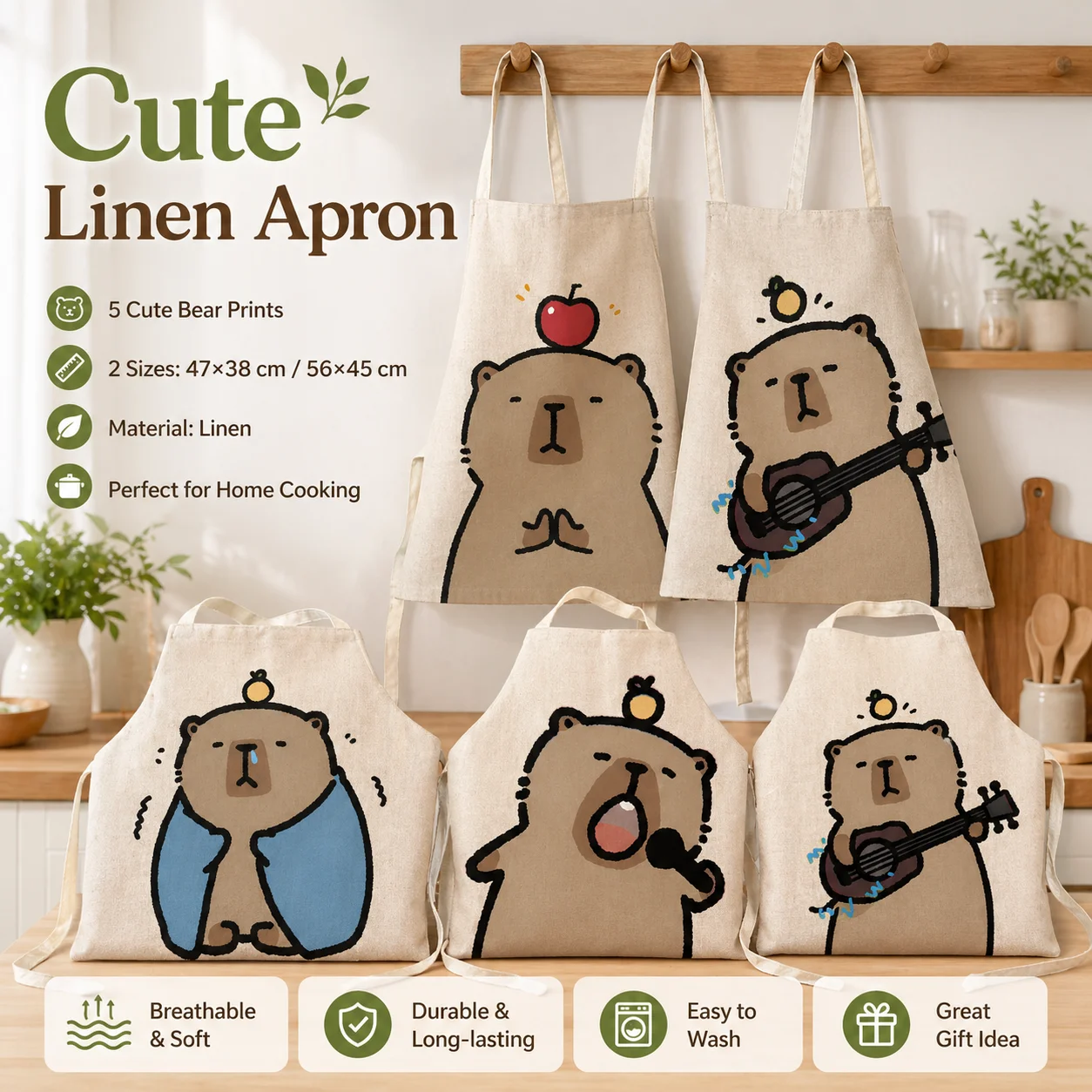 

Funny Capybara Bear Linen Kitchen Apron 2D Flat Print Cute Animal Singing Guitar Cooking Pinafore for Women Men Baking 56x45