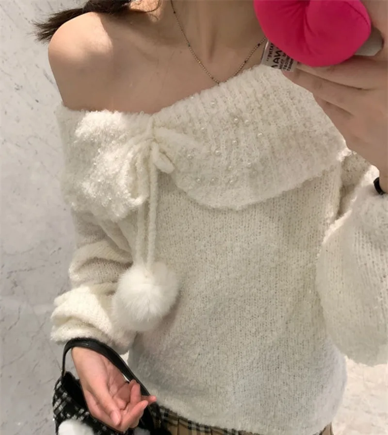 Ball Tops Bow White Pullovers Slash Neck Long Sleeve Y2K Sweater Women Sueter Mujer Knitted Off Shoulder Hotsweet Korean