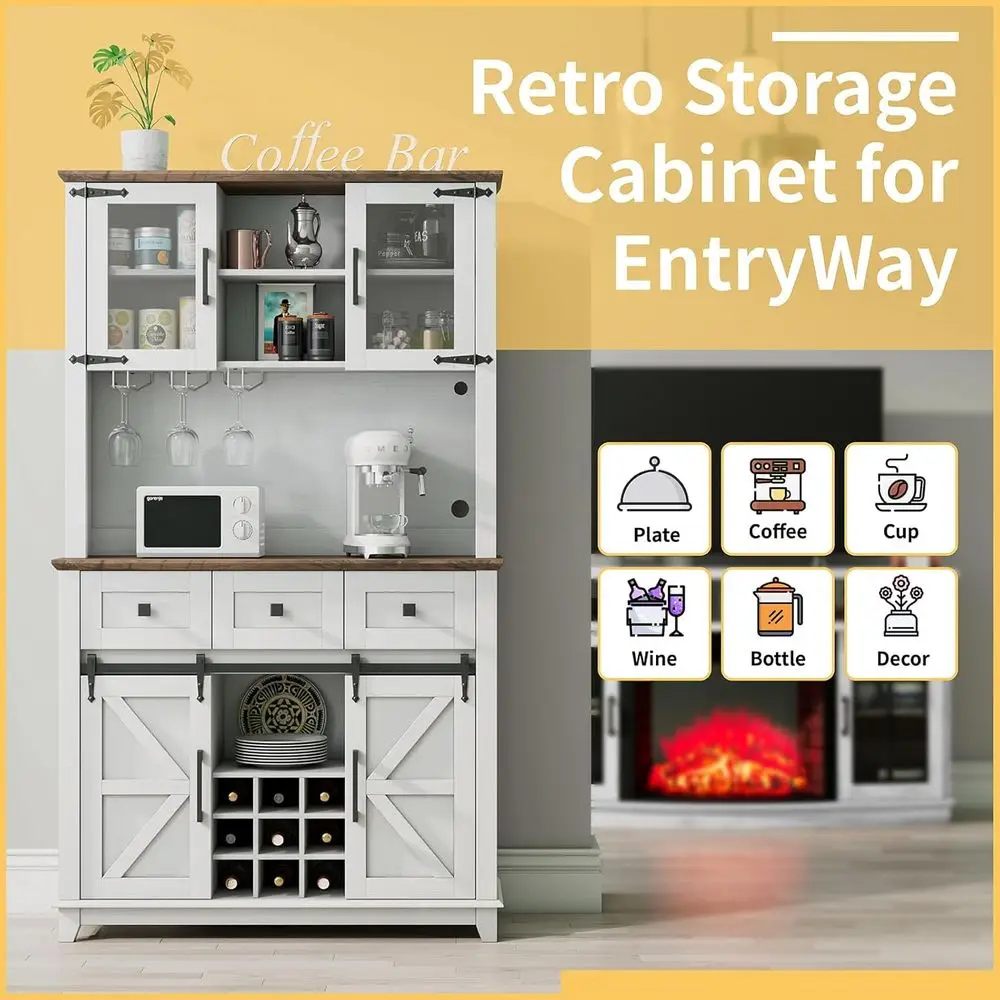 Sliding Barn Door LED Lighted Coffee Bar Wine Cabinet, 3 Drawer Sideboard Buffet, White Storage for Kitchen & Dining