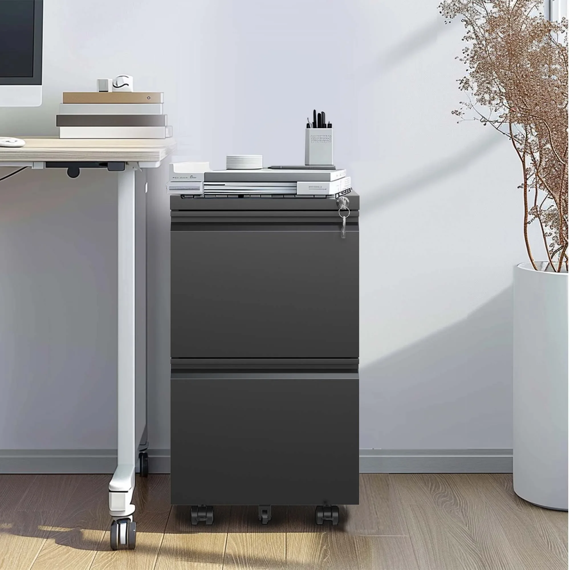 

2 Drawer Metal Mobile File Cabinet,Rolling File Cabinet with Lock for Hanging Legal/Letter/A4 Size,Fully Assembled Except Wheel