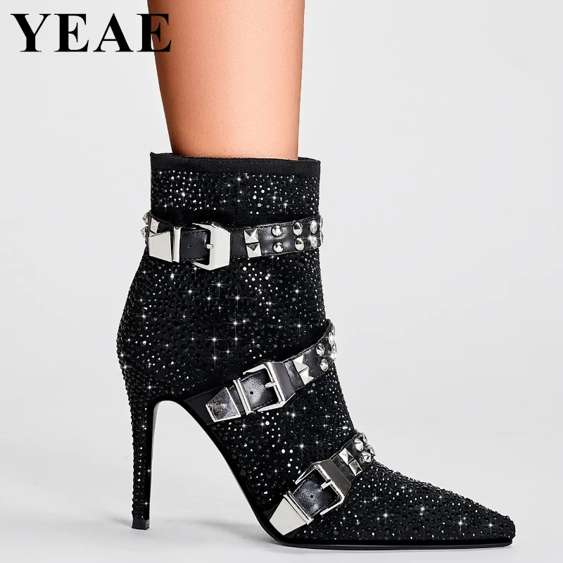 

Black Rhinestone Rivet Stud Ankle Boots Women Punk Buckle Strap Belted Motorcycle Boots Pointed Toe High Heels Party Stage Shoes