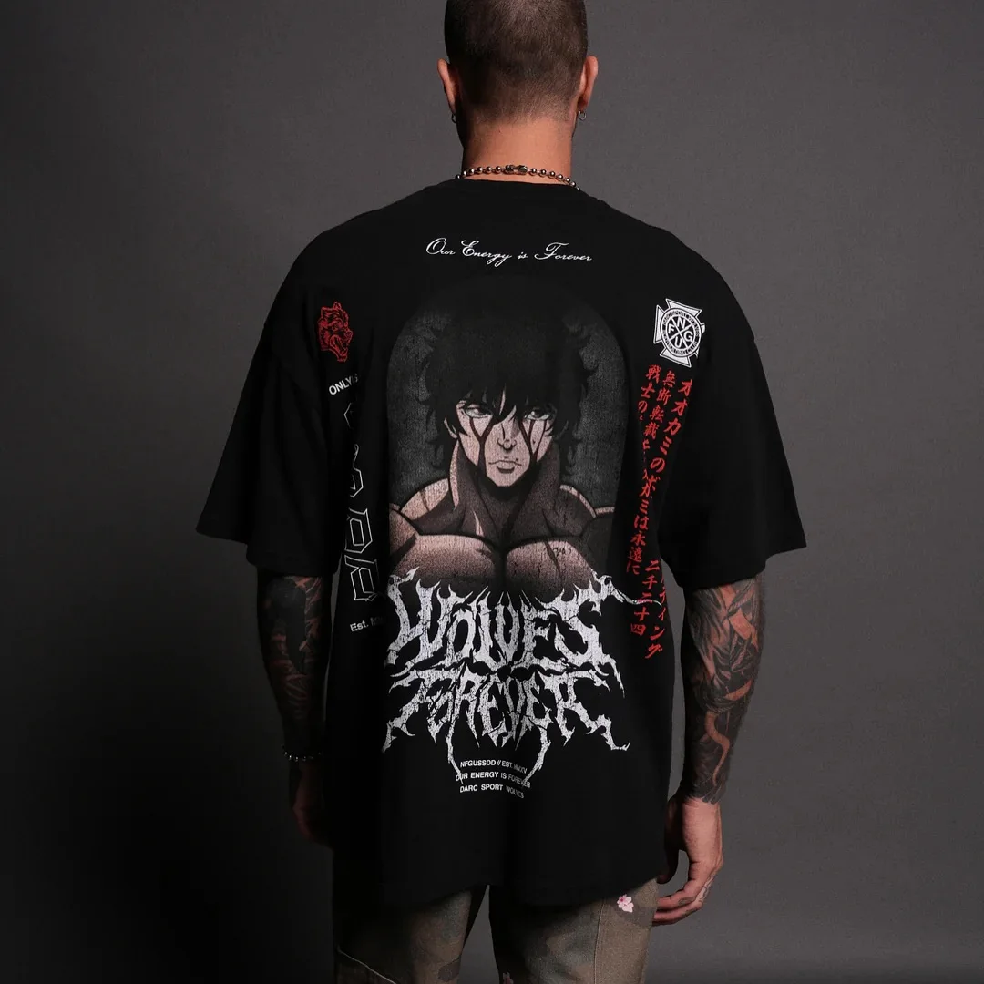 تي شيرت هانما باكي الفاخر كبير الحجم أسود أنيمي برو اختيار جرافيك تي شيرت هاراجوكو القوطي ملابس الشارع الشهير خمر y2k