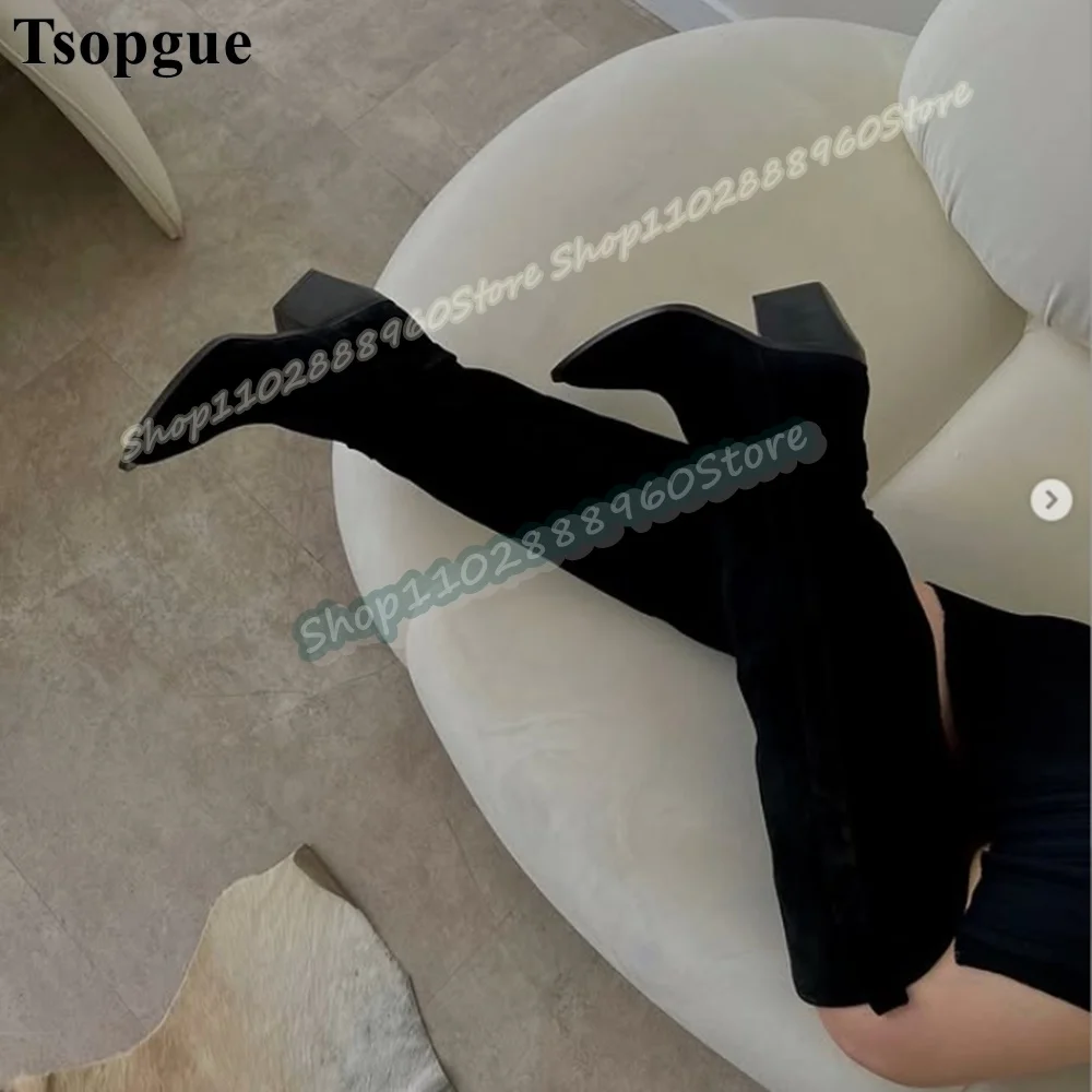 

Plus Size Knee High Black Flock Boots Thick Heel Stylish Shoes For Women Slip On Pointed Toe Occidental Style Party Women Boots