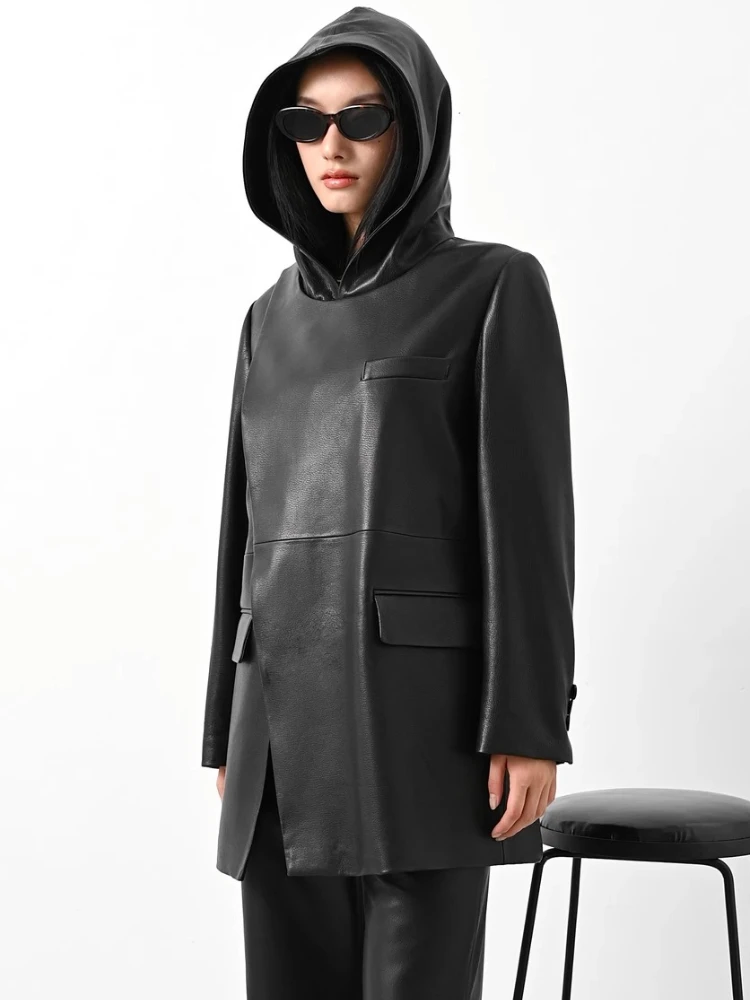 Mid-length Hooded Genuine Leather Jacket for Women Spring Autumn High-end Simple Asymmetrical Deer-patterned Real Sheepskin Coat