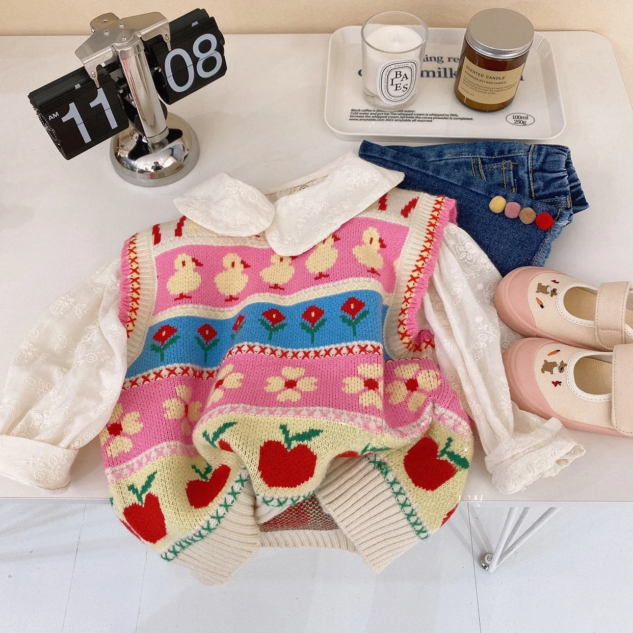 الفتيات سترة سترة الكورية نمط Faionable القطن محبوك الأزهار القمم لخريف الفرخ نمط طفلة أبلى الملابس الدافئة #3