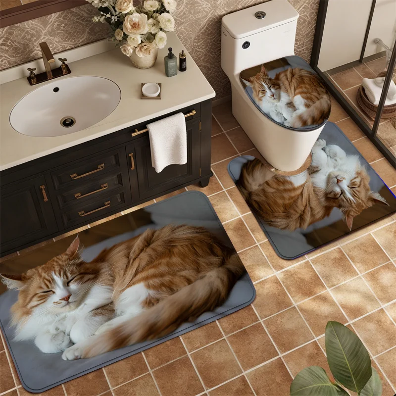 

3D Cute Sleeping Cat Bathroom Rug Set Non Slip Absorbent Mat Toilet Lid Cover Floor Carpet Home Decor Bath Accessories