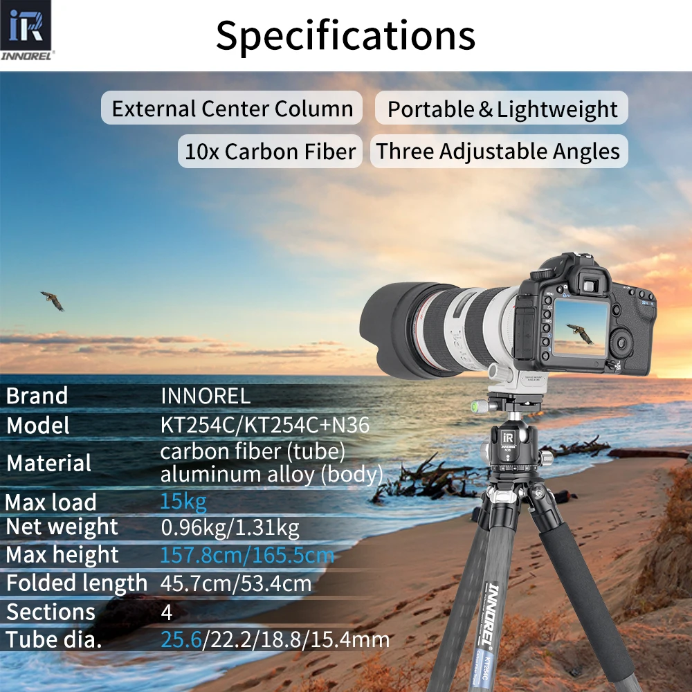 10 Layers Carbon Fiber Tripod-INNOREL KT254C Professional Portable Compact Camera Stand Support with Short Center Column for DSL