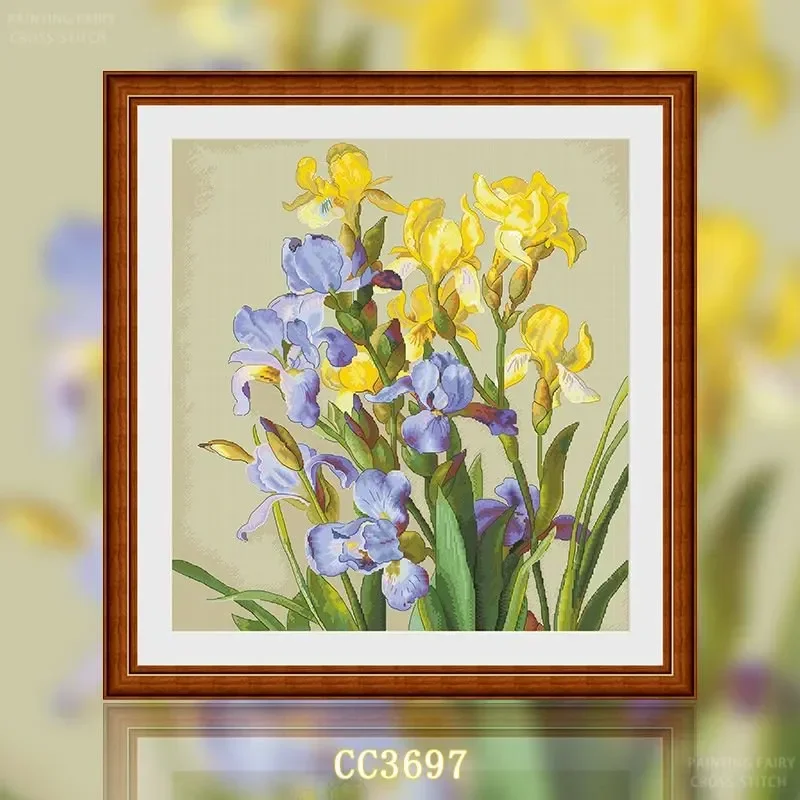 [CC3697-Fresh Iris]Stamped Cross Stitch Kit for Adults and Kids, Easy Pre-Printed Canvas with Cotton Threads and Needles, Handma