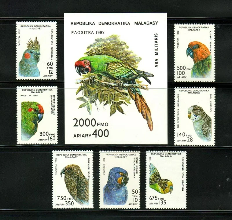 7 PCS+1, Madagascar, 1992, Bird Stamps, Real Original Post Stamp, MNH