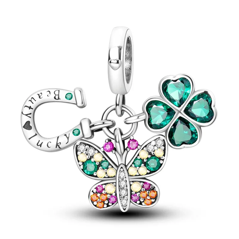 Originale 925 Charms argento Sterling trifoglio verde ferro di cavallo farfalla ciondolo in rilievo per Pandora braccialetto fai da te regalo gioielli da donna