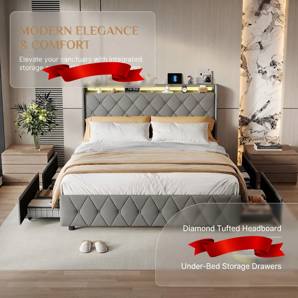 Letto con contenitore 160×200 cm, con 4 cassetti, rivestito, letto matrimoniale, struttura letto con testiera e rete a doghe, struttura letto moderna per giovani, in velluto, grigio, materasso non