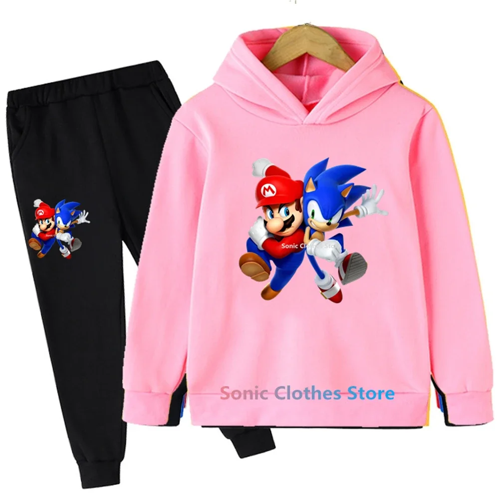 Nowe ubrania dla dzieci chłopcy dziewczęta Sonic bluza z kapturem zestaw 2 szt. Zestawy wiosna jesień maluch Cartoon z kapturem + spodnie dres 3-14y