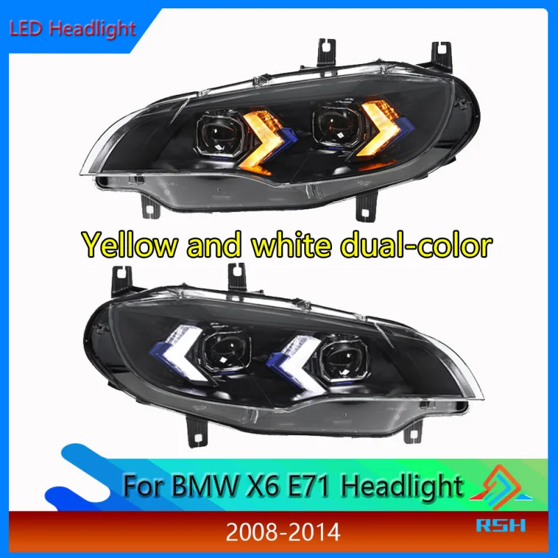 

Сборка фар для BMW X6 E71 2008-2014 моделей, модифицированная с новыми стрелкообразными двухцветными светодиодными ДХО и проекторными линзами